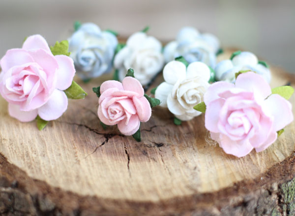 Wedding and Bridal Flower Hair in Blush and Dusty Blue Rose Hair Pins Set of 8